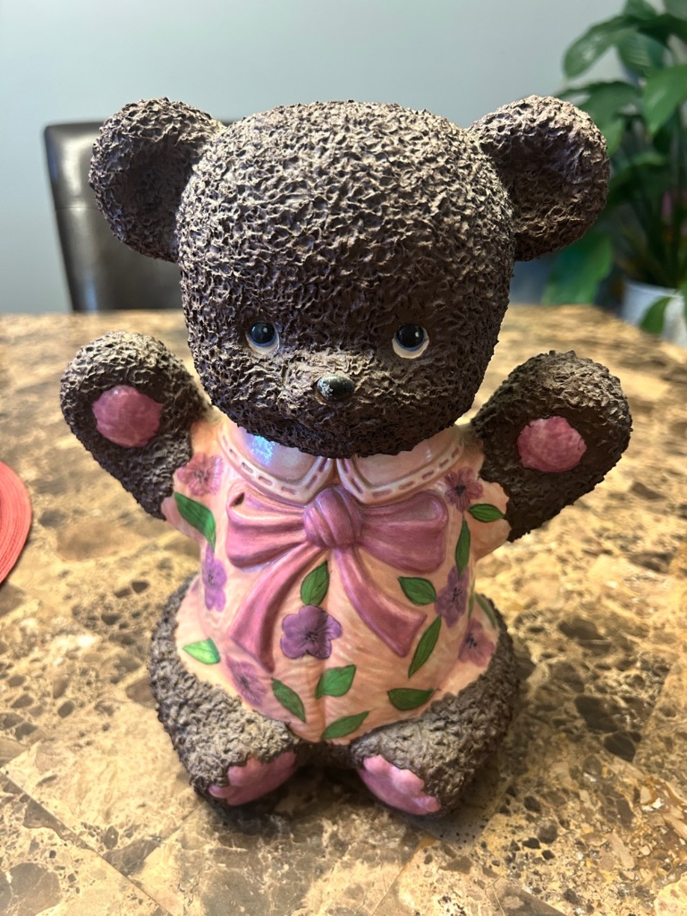 Brown Bear Figurine in Pink Floral Dress Piggy Bank